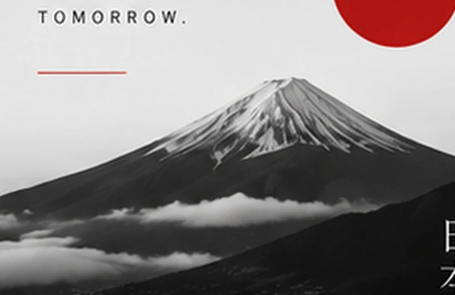 Monochrome Mount Fuji beneath a red sun