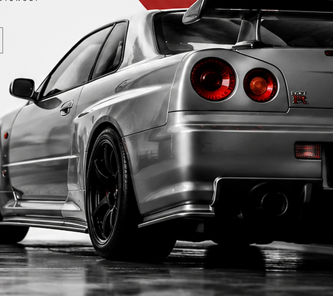 Silver Nissan Skyline GT-R inspired car in a minimal studio